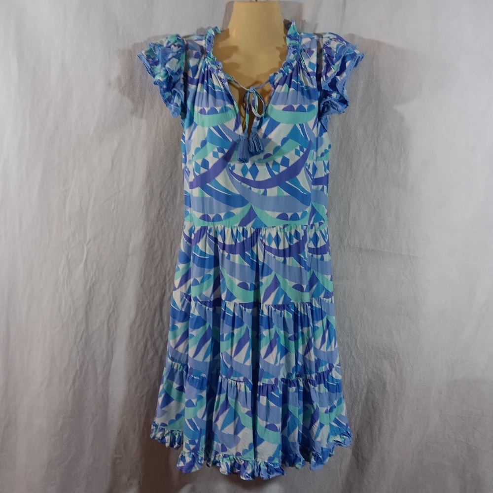 Sail To Sable Womens Small Dress Blue Print Tiered Flutter Sleeve Beach Vacation
